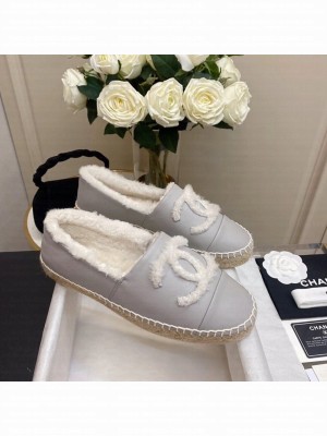 Chanel Shearling Fur Espadrilles Lambskin Leather  Fall/Winter 2020 Collection, Grey/White